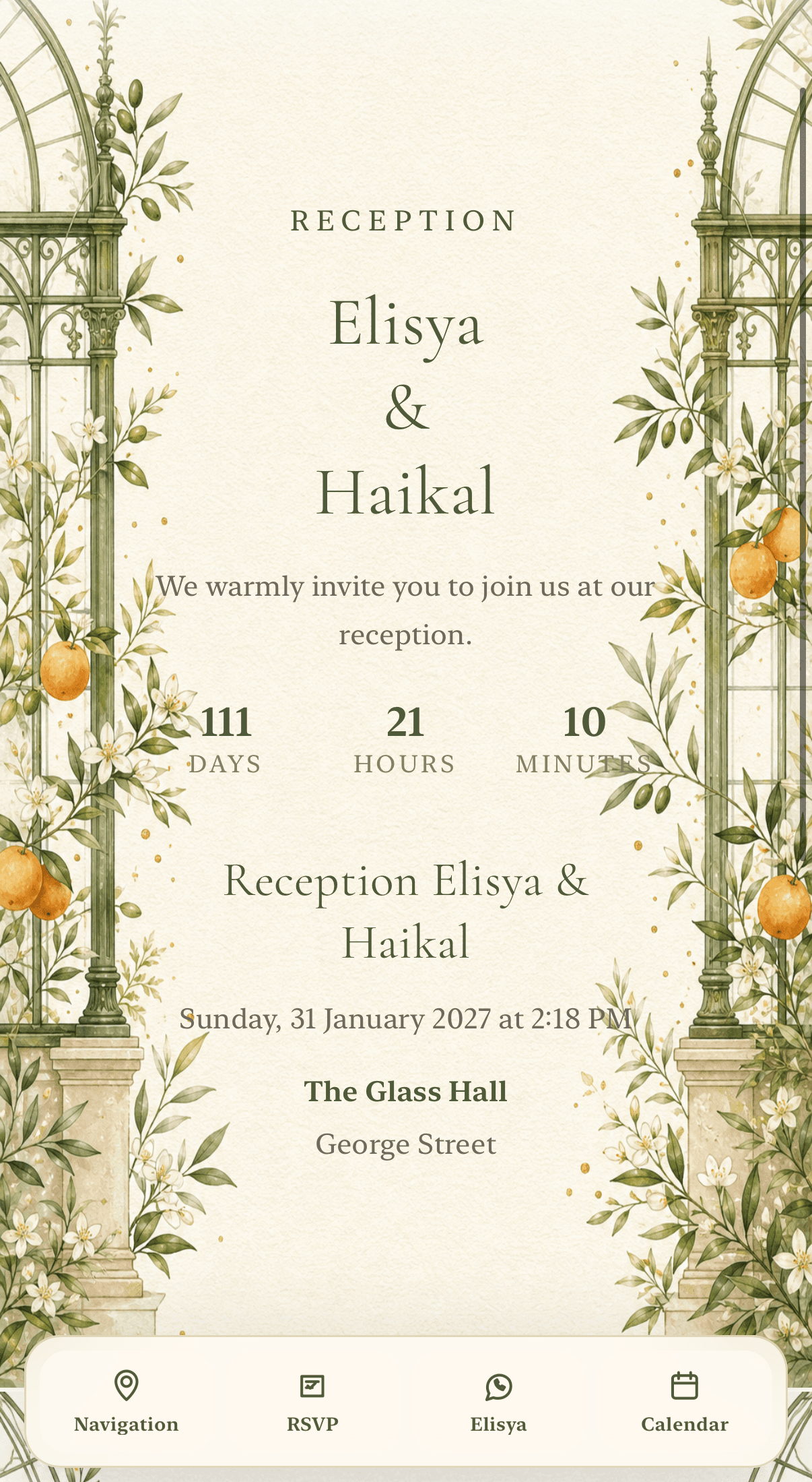 Elisya and Haikal’s reception invitation shown inside a phone mockup