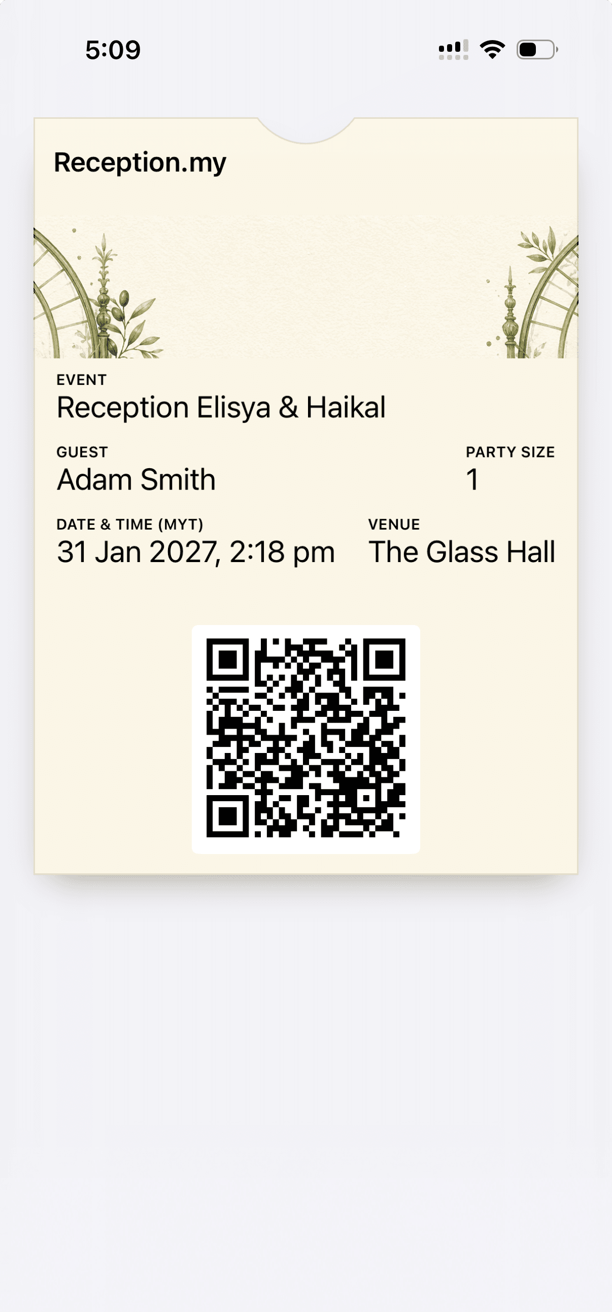 Reception.my reception pass in Apple Wallet showing guest details, date, venue and a QR code